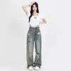 American Retro Hole-punched Jeans Women High Waist Straight-crotch Loose Slim Design High-street Vibe Wide-legged Dragging Pants 3