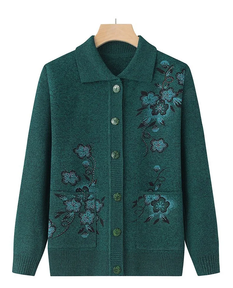 Spring Autumn Long-Sleeve Sweater Women Cardigan Coat New Print Middle-Aged Elderly Knitted Bottoming Shirt Female Tops Jacket