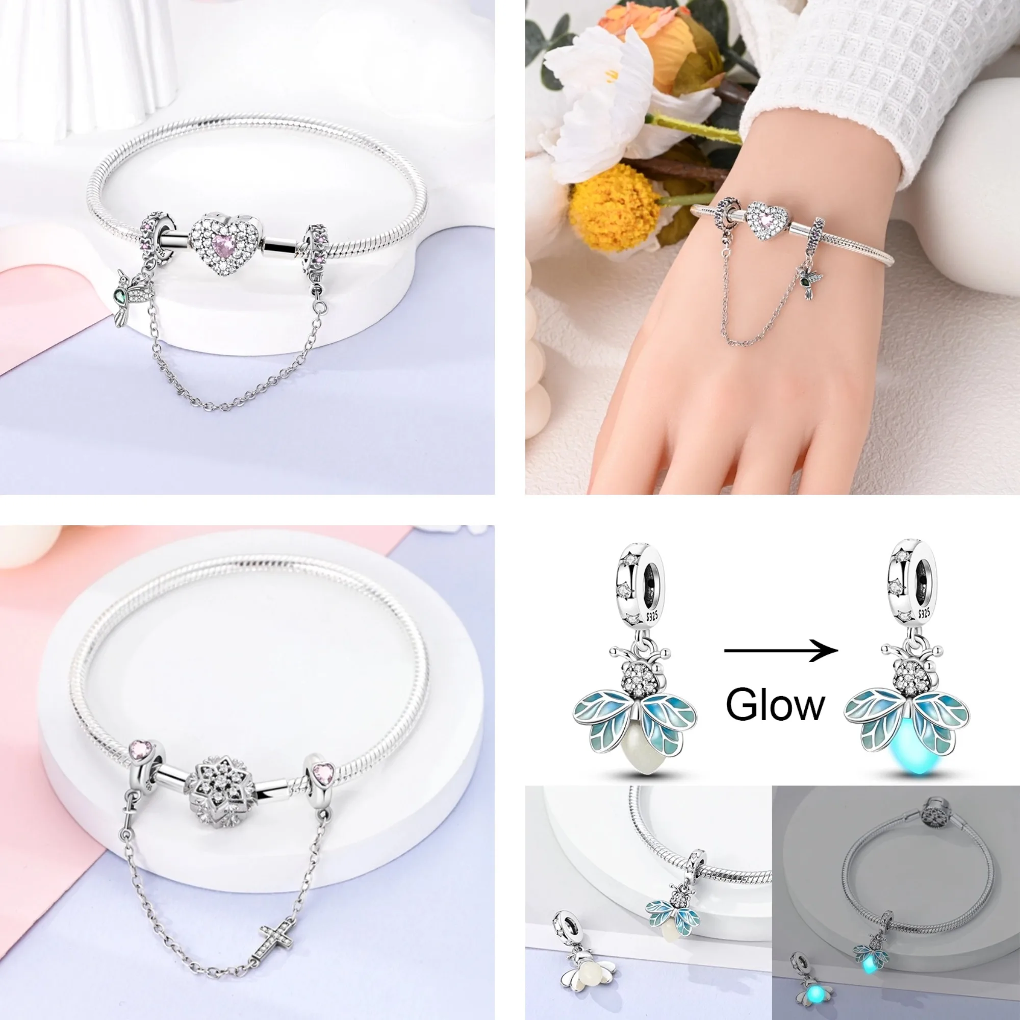 925 Sterling Silver Blue Eyes Beads Clips Charm Safety Chain For Original Bracelet DIY Jewelry Making beads charms