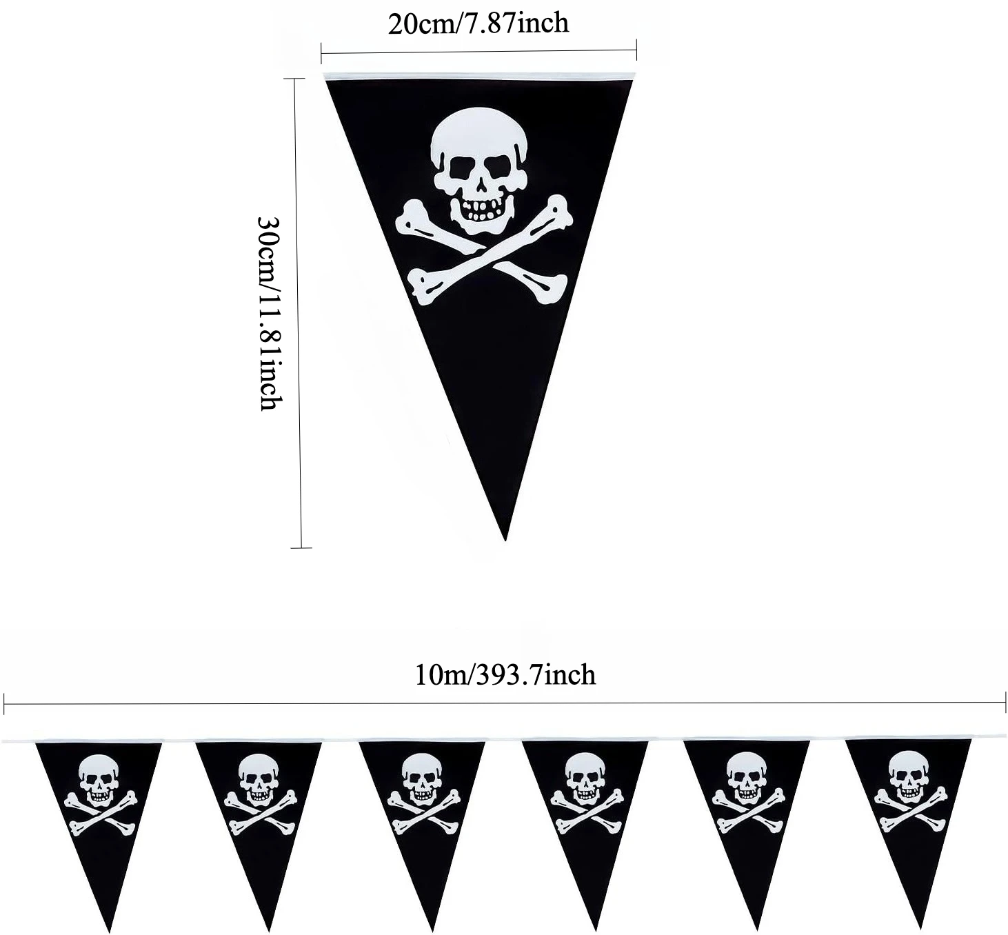 Pirate Banner 32.8FT Black White Jolly Roger Vintage Skull Halloween Flag Weatherproof Triangle Bunting for Outdoor Party Decor