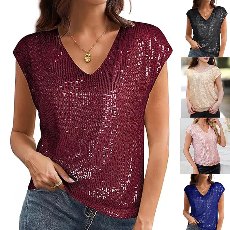 Sequined V Neck Sleeveless Loose Fit Women Dance Tops
