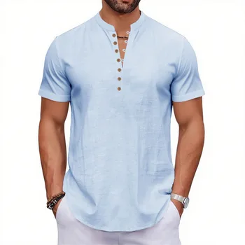 Summer New Men's Cotton Linen T-shirt Short Sleeve Breathable Lightweight Solid Color Male Fashion Henley Neck Button Top