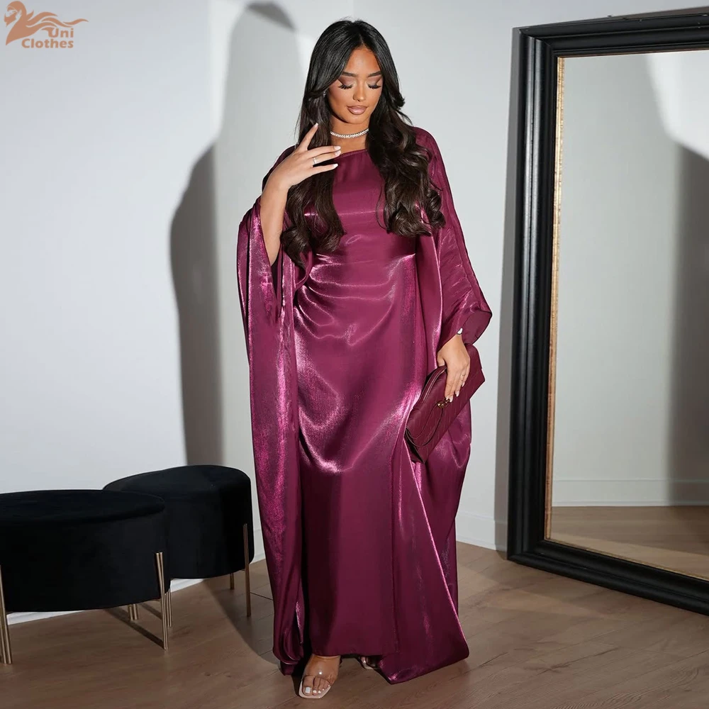 Zahraa Muslim 2026 New Eid Dresses Solid Shiny Satin Batwing Sleeve Modest Kebaya Turkish African Women Abayas Saudi Clothing 1