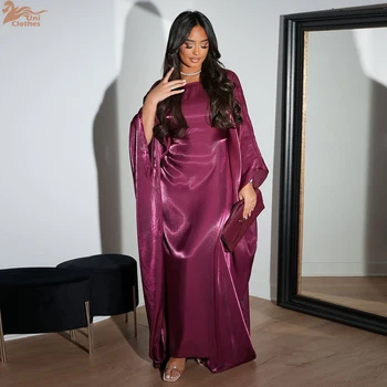 Zahraa Muslim 2026 New Eid Dresses Solid Shiny Satin Batwing Sleeve Modest Kebaya Turkish African Women Abayas Saudi Clothing 1