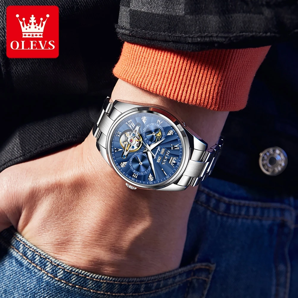 OLEVS 7028 Men Automatic Watch Top Brand Hollow Moon Phase Mechanical Watch For Men Auto Date Original Luxury Men's Wristwatch