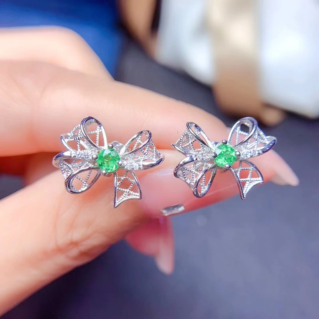 Colifelove Elegant  Bow-Knot Stud Earrings 4Mm 100% Natural Tsavorite Earrings 925 Silver Tsavorite Jewelry Gift For Woman