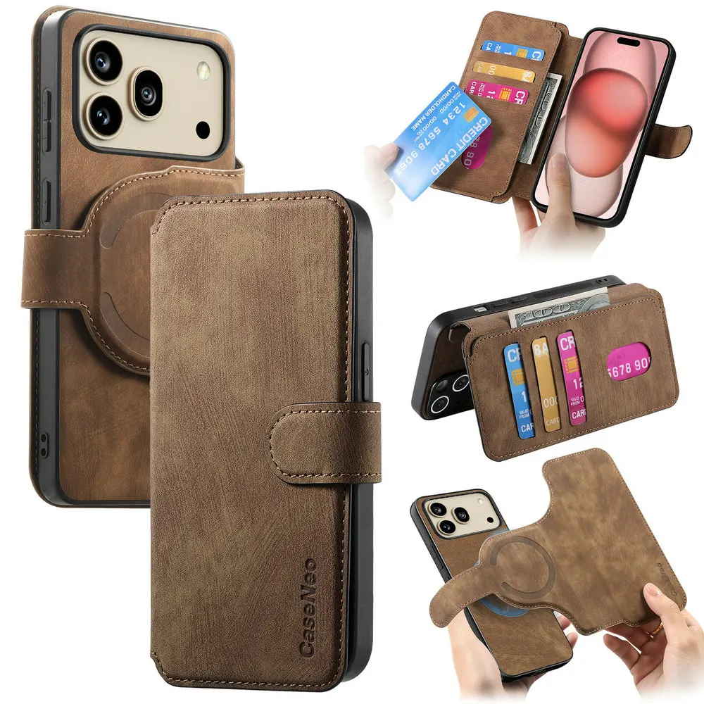 Luxurious Leather Flip Case with 2-in-1 Detachable RFID Protection and Magsafe Compatibility
