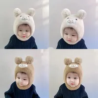 Cartoon Baby Beanie Cap Winter Pompom Kids Ear Protection Hats Scarf Cute Bear Knitted Hat Neck Cover Toddler Boy Girl Bonnet 1