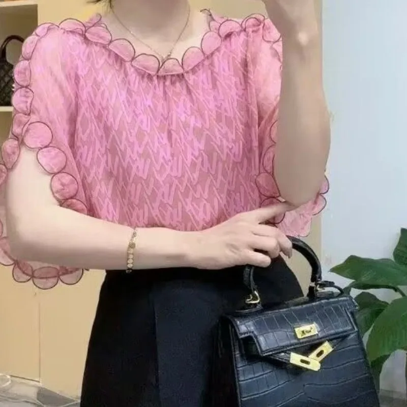 여성용 반팔 쉬폰 셔츠, O-넥 레터 프린트, 입체 장식, 우아한 루즈핏, 여름 패션