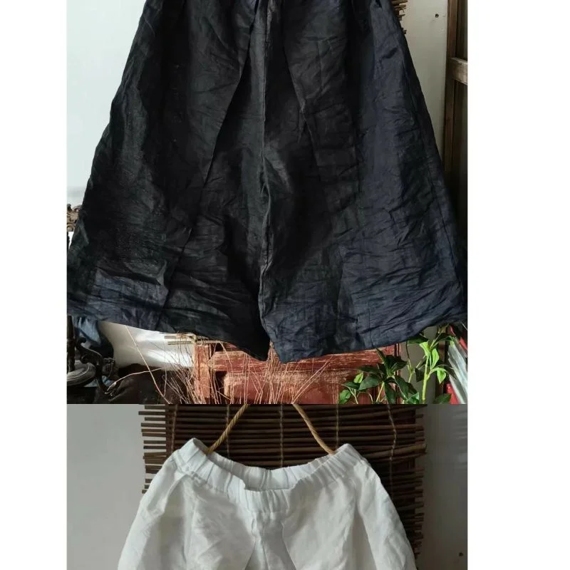 2025 New Spring Elastic Waist Ankle Length Wide Legs Pants Women Fashion Loose Cotton Ramie Trousers Casual Womens Clothing