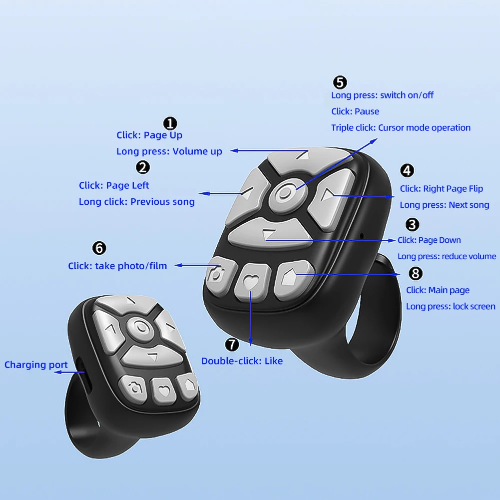 Mobile Phone Mini Remoter Bluetooth-Compatible Remote Control E-book Page Turner for TIK Tok Scrolling Ring for iPhone iPad