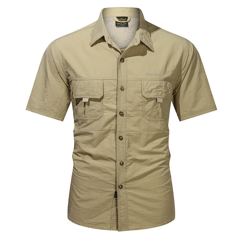 Summer Quick Dry Short Sleeve Army Fan Tactical Shirt Mens Thin Breathable Lapel Cargo Shirts Tops Outdoor Hiking Military Shirt