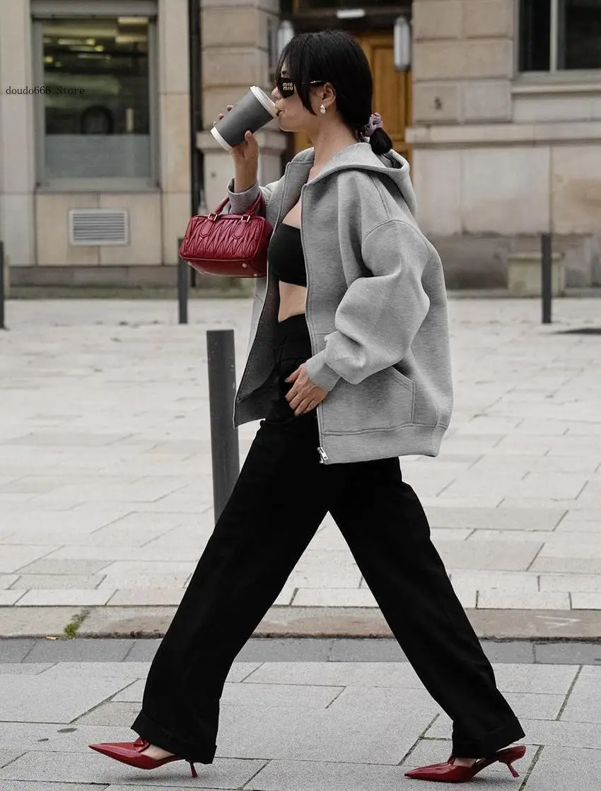 Autumn and Winter Women's Casual Coat Warm Hooded Long Jacket Long Sleeve Large Pocket Zipper Grey Jacket Coat 6