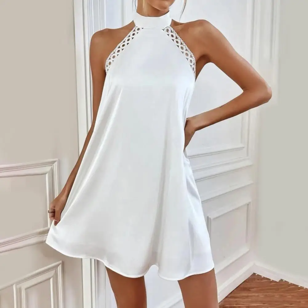 

Women Mini Dress Loose Summer Dress Elegant Lace Stitching Mini Dress Off Shoulder Loose Hem Backless Dress for Women Streetwear