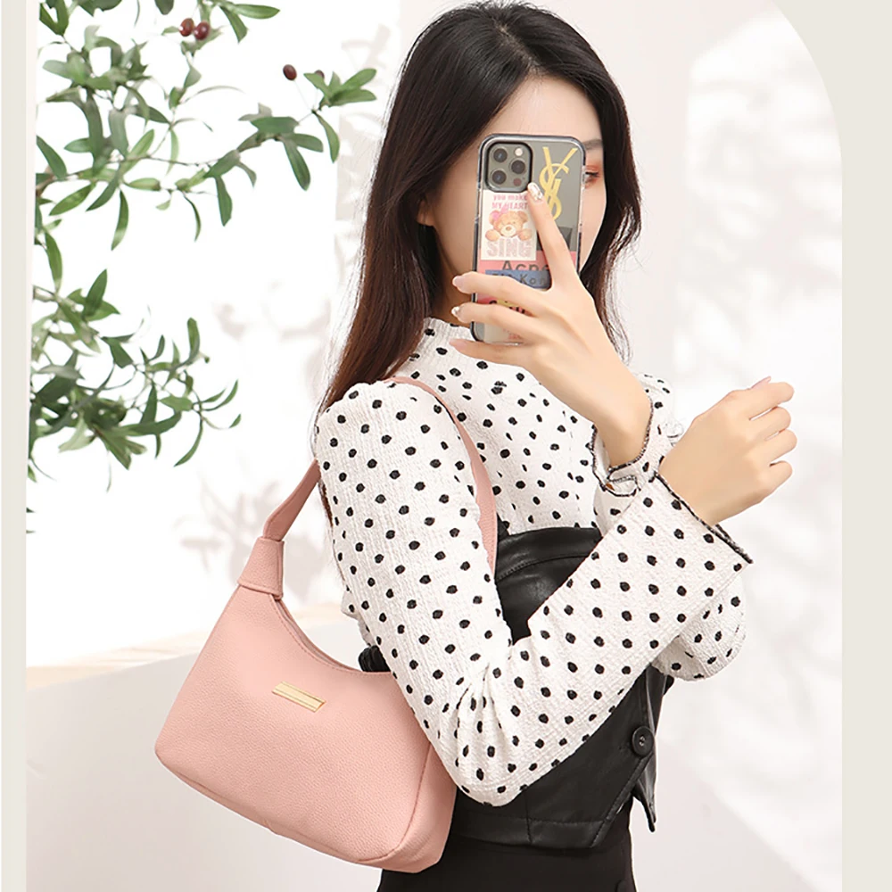 

Women PU Lychee Pattern Underarm Bag Niche Design Women'S Handbag Casual Female Tote Bags Trendy Fresh And Sweet Lady Handbags