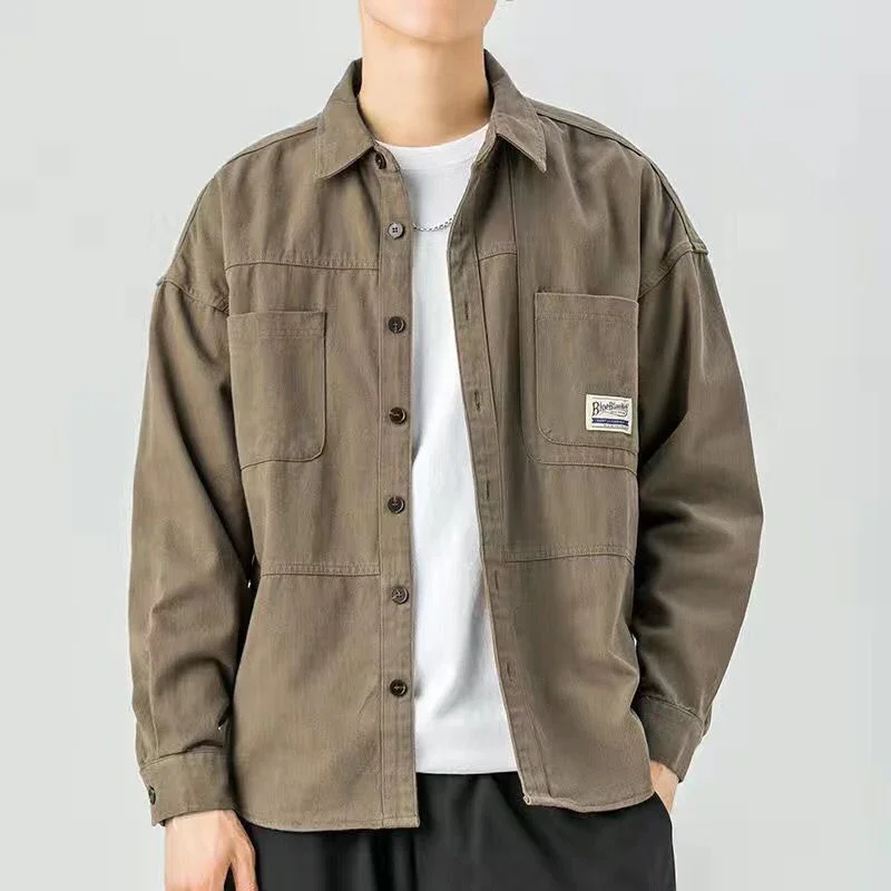 Spring Autumn Solid Color Casual Fashion Jacket Man Long Sleeve Loose Pockets Button Tops All Match Korean Style Male Clothes