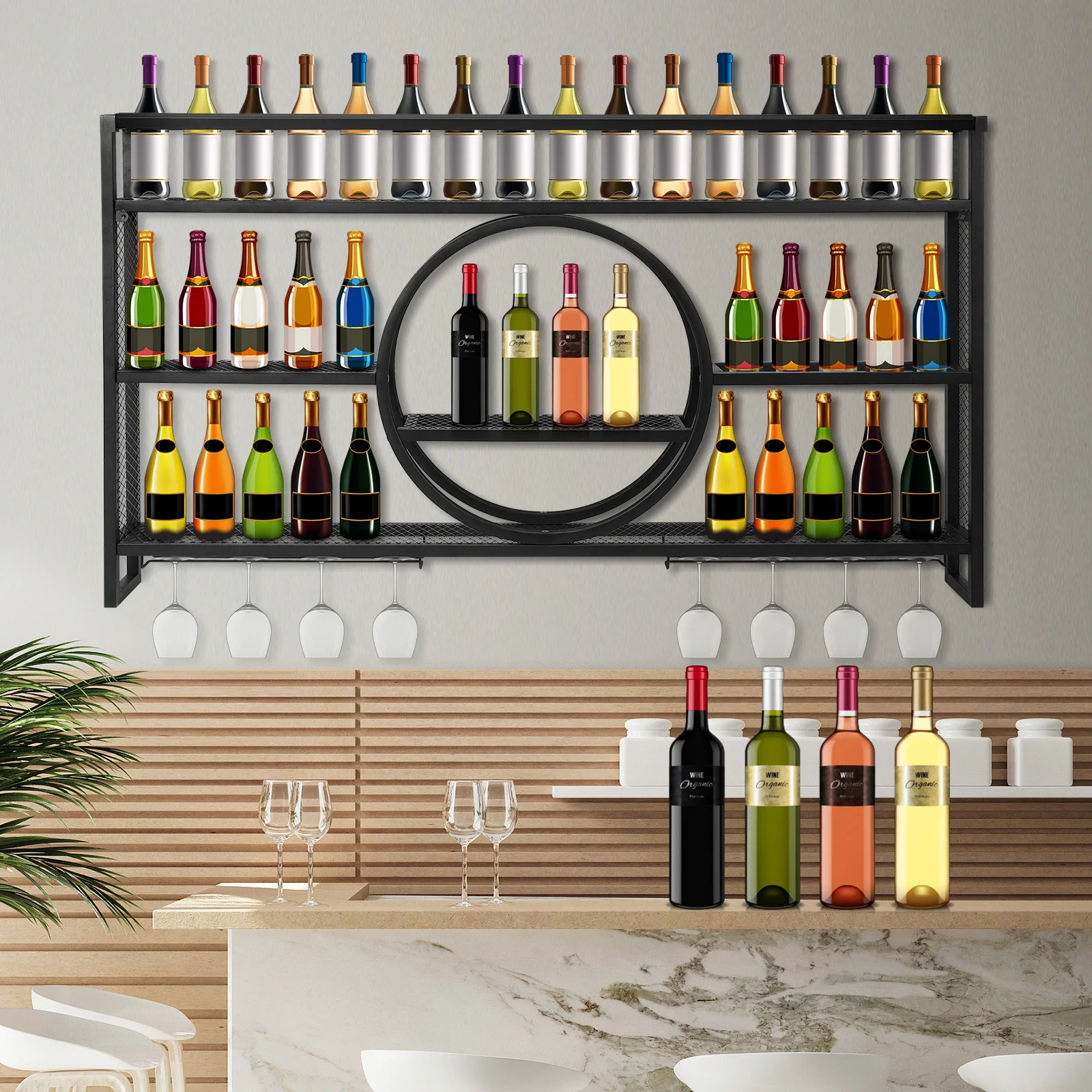Wall Mounted Metal Wine Storage Rack with LED Light