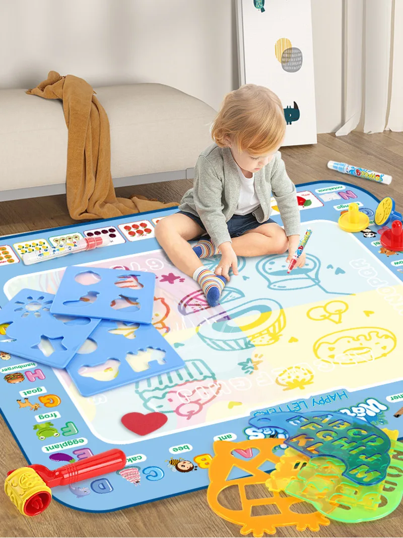 재사용 가능한 매직 펜 포함 매직 워터 드로잉 매트, 색칠 낙서, 몬테소리 페인팅 보드, 교육 장난감, 어린이 선물, 100x80cm 