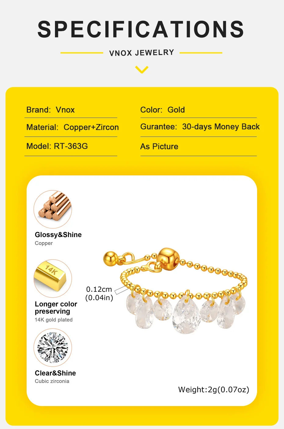 Vnox Kleiner glänzender Wassertropfen-CZ-Perlen-Kettenring für Frauen, Metall, 14 Karat vergoldet, verstellbarer Fingerring, zarter Schmuck, Geschenk – Detail 4