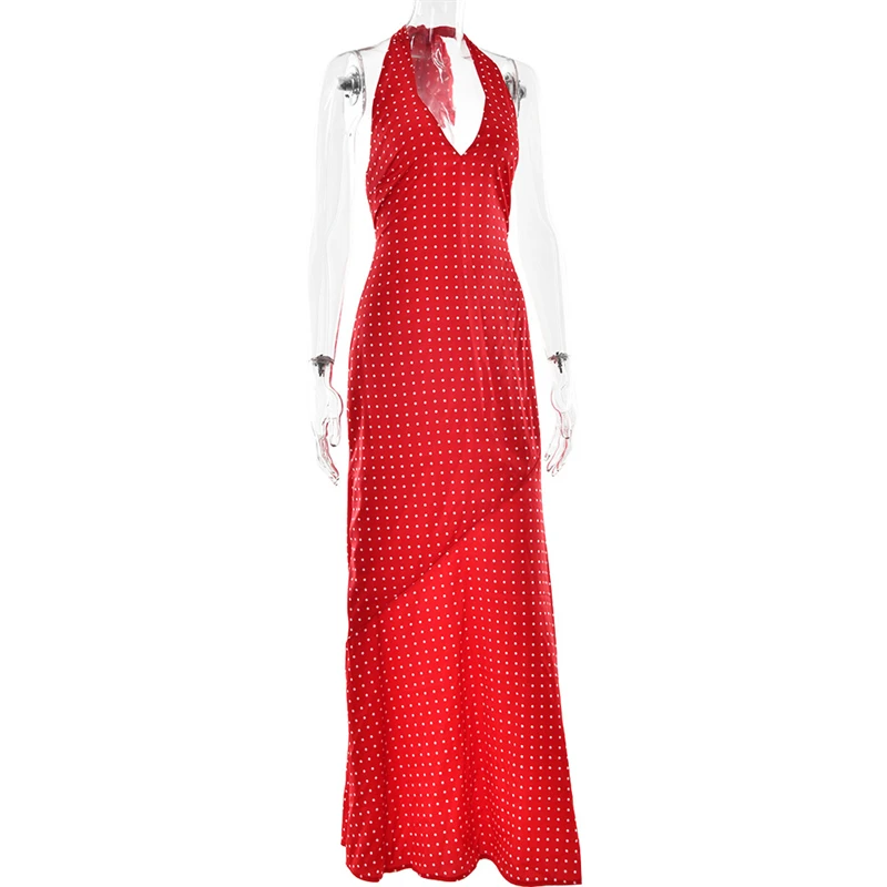 Absobe Polka Dot Print Color Block Maxi Dress Elegant V Neck Halter Tie Slim Backless A Line Long Dress For Women Chic Partywear