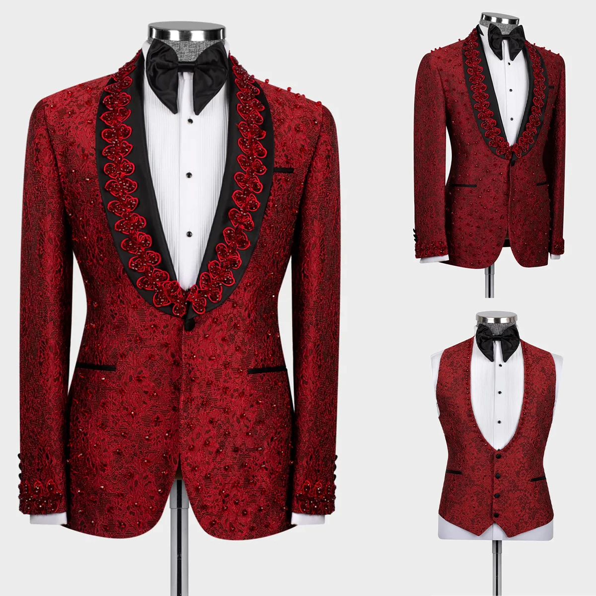 

Dark Red Men Wedding Tuxedos Gorgeous Tailored 3D Flower Appliques Beading Jacket Coat Prom Party Wear Pants Suits 3 Pieces