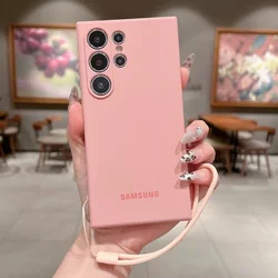 Original Liquid Silicone Wrist Strap Case with Enhanced Lens Protection and Thickened Cover for Samsung Galaxy S21 Ultra (Pink)