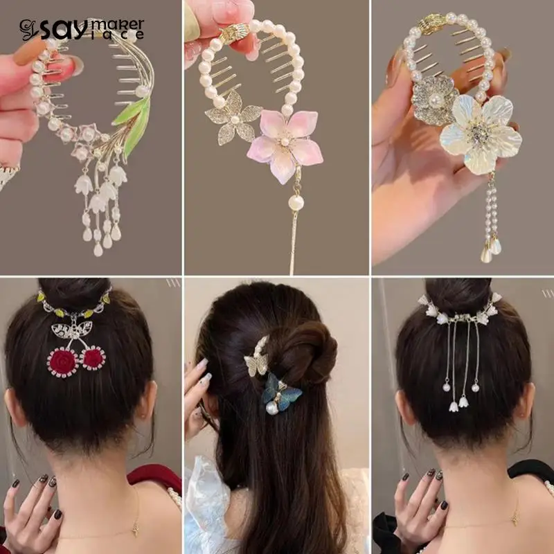 [ATHE VANESSABRUNO] 韓国ヘアアクセ☆DOUBLE A Pearl Hair Pin 1PCS Ponytail Buckle Hair Pin Claw Braided Bow Hair Clips