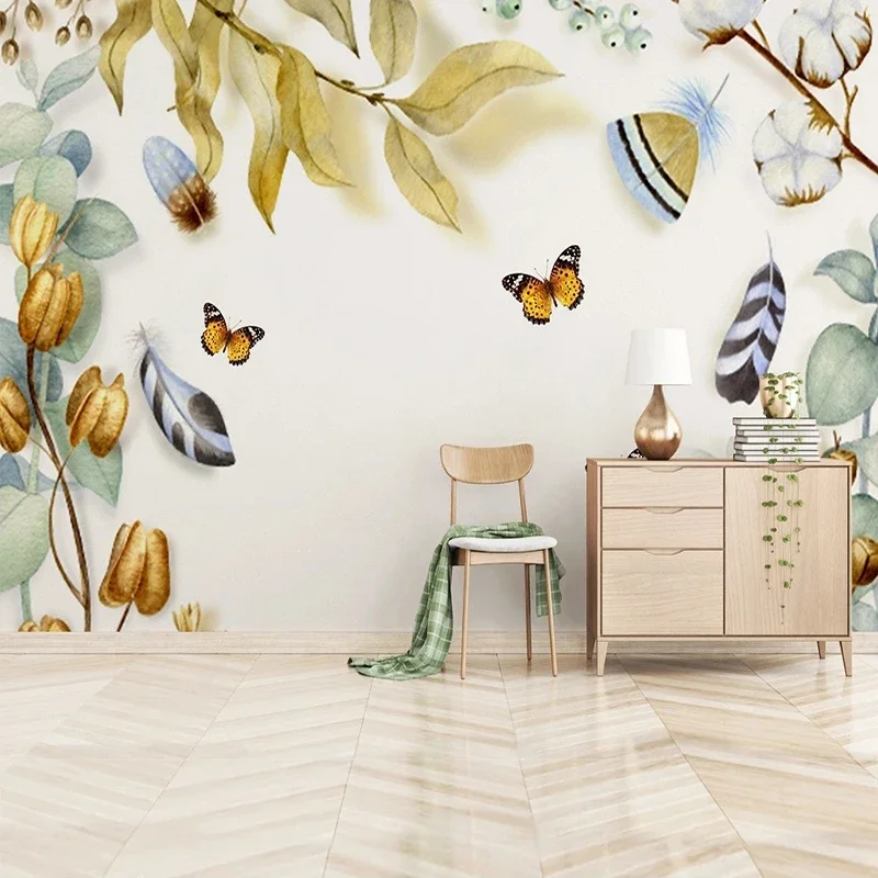 Custom Mural Wallpaper Modern Hand Painted Small Fresh Plant Butterfly Vivid Background Wallpaper For Bedroom Walls Home Décor