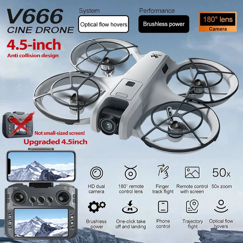 Mini Drone V666 4K HD WiFi FPV avec caméra grand angle 120° en vol, capturant une vue aérienne d'un paysage urbain.