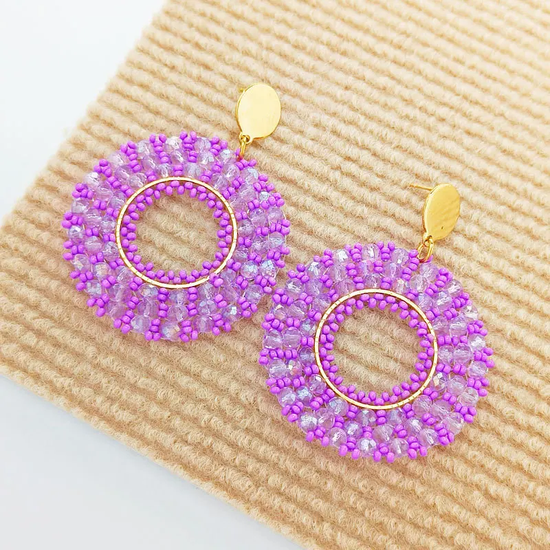 

Beaded earrings Roundness Hollow out Originality Crystal Geometry Hand knitting Bohemia Alloy Tide Simple Rice bead earrings