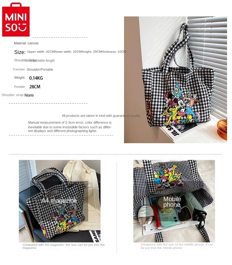 MINISO Disney Family Women's Large Capacity Cartoon Anime Mickey Donald Duck Rice Print One Shoulder Shopping Bag Handbag