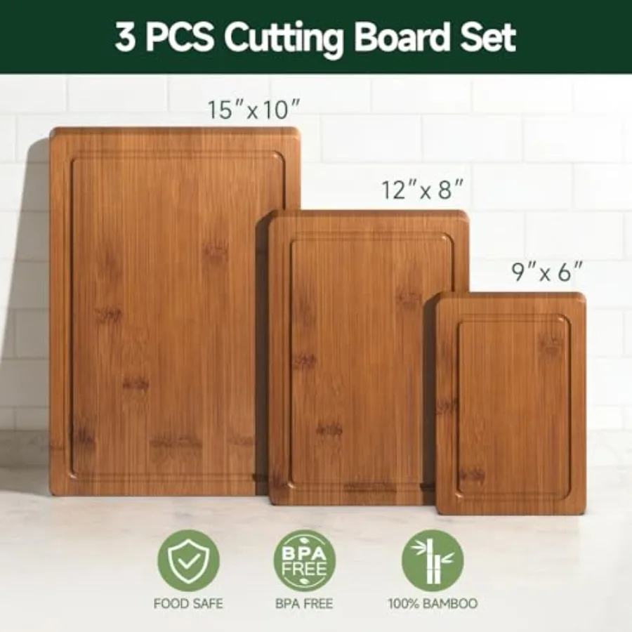 Kitchen bamboo cutting board - crack-resistant natural wood with deep juice grooves, pre-oiled butcher block in warm brown for 2