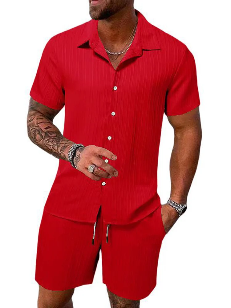 Mens Summer Short Sleeve Button Shirt and Wide Leg Shorts Set