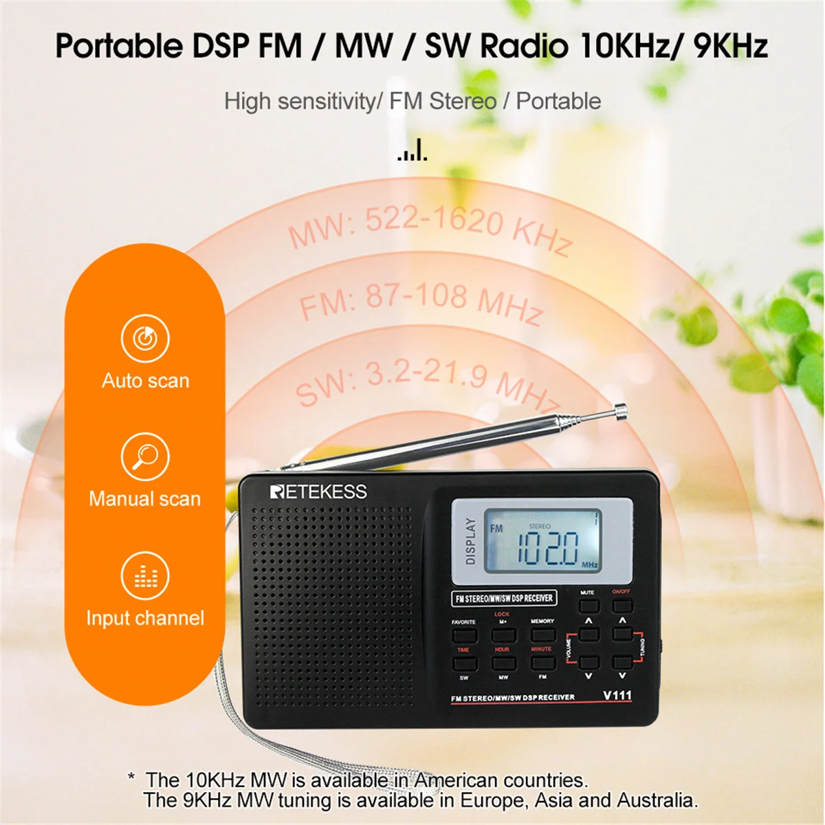 Retekess-rádio de Banda Completa com Despertador Temporizador F9201 fm Estéreo mw sw Dsp Receptor Mundial Portátil Preto V111 - Image 6