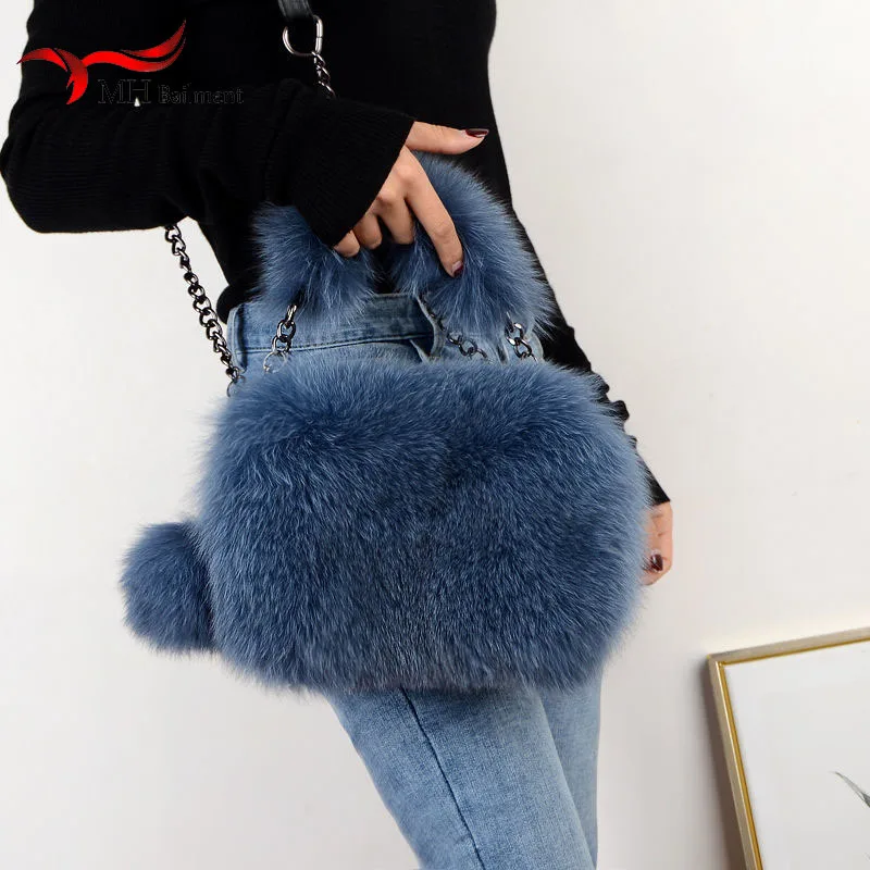 

100% Real Fox Fur Handbag Women's Winter New Casual All-match Fluffy Shoulder Bag Luxury Genuine Designer Fur Female Dinner Bags