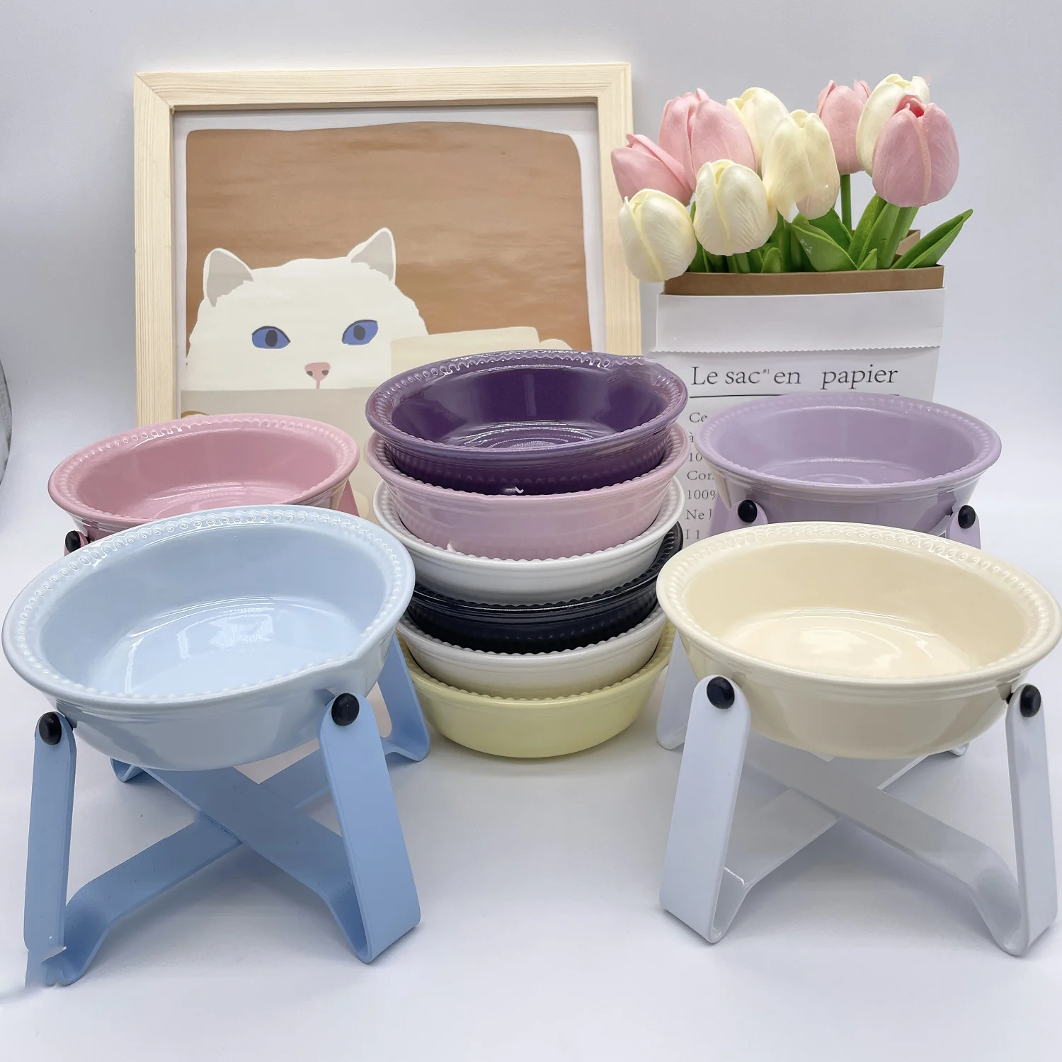 

Colorful Ceramic Pet Dog Bowls Cat Bowls Spill-proof Cat Food Bowls Dog Bowl Neck Guard Prevents Black Chin and Helps Digestion