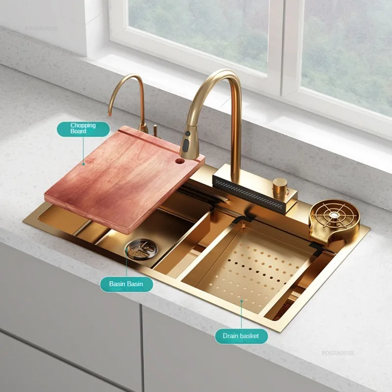 Personalized Beige Gold Sinks for Hotel Modern Thickened Metal Smart Kitchen Sink Minimalist Kitchen Sinks with Basket for Home
