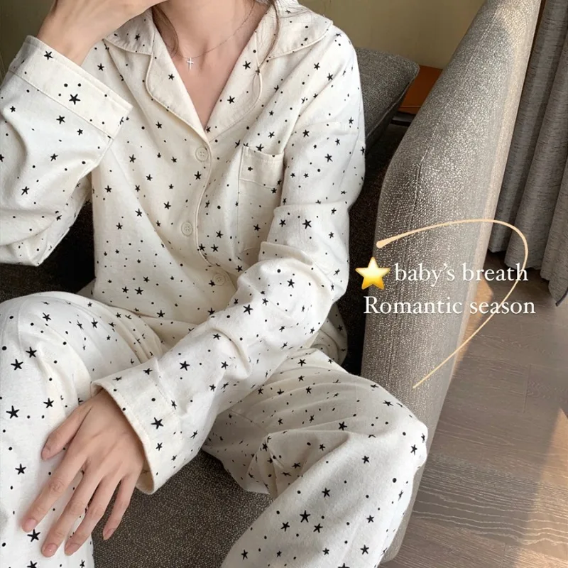 2024 New Minimalist Star Loungewear Long Sleeved Pajamas Female Autumn Students Sleepwear V-neck Loose Comfortable Homewear Set