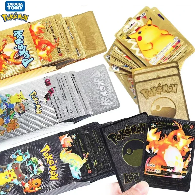 Pokemon Gold Foil Pikachu Cards Original Gold Silver Black Card Pokemon Game Holder Board Pack Series Carte Regalo Per Bambini Giocattoli