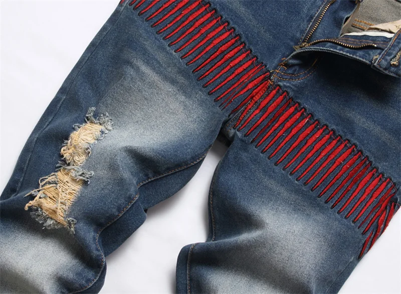 Description Picture 6 of itemRetro Tattered Jeans Jeans Men's Personalized Embroidery Fashion Street Fashion Brand Slim Fit Feet Washed High-End Trousers