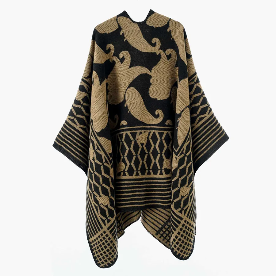 Women Geometric Jacquard Poncho Shawl Oversize Vintage Open Front Faux Cashmere Cape Autumn Winter Casual Travel Warm Wrap