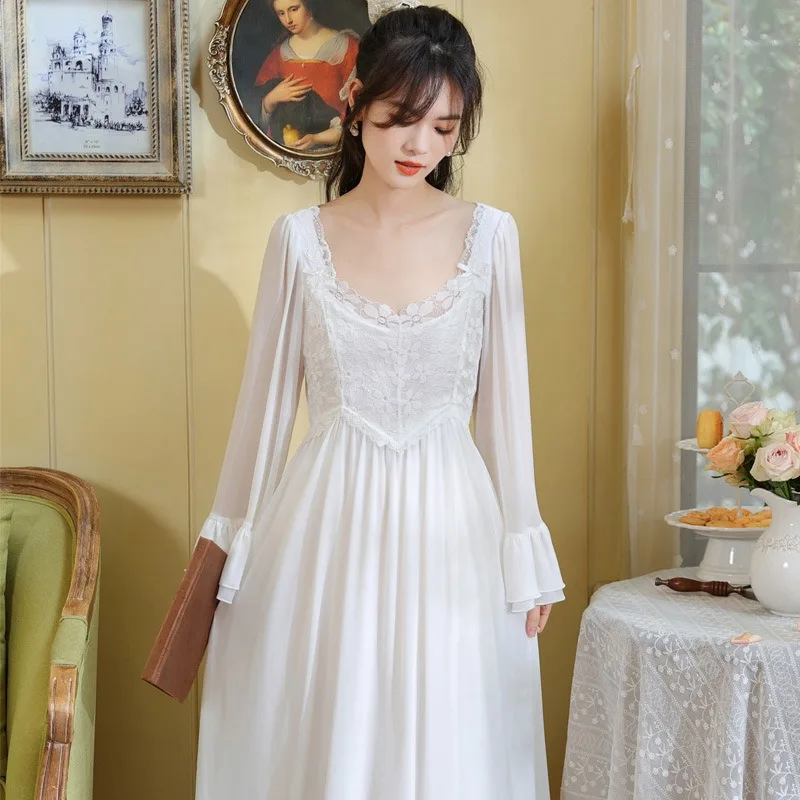 IRENE TINNIE New Lady Autumn French Lace Modal Pyjamas Court Princess Breast Cushion Homewear Long Sleeve Mesh White Nightdress