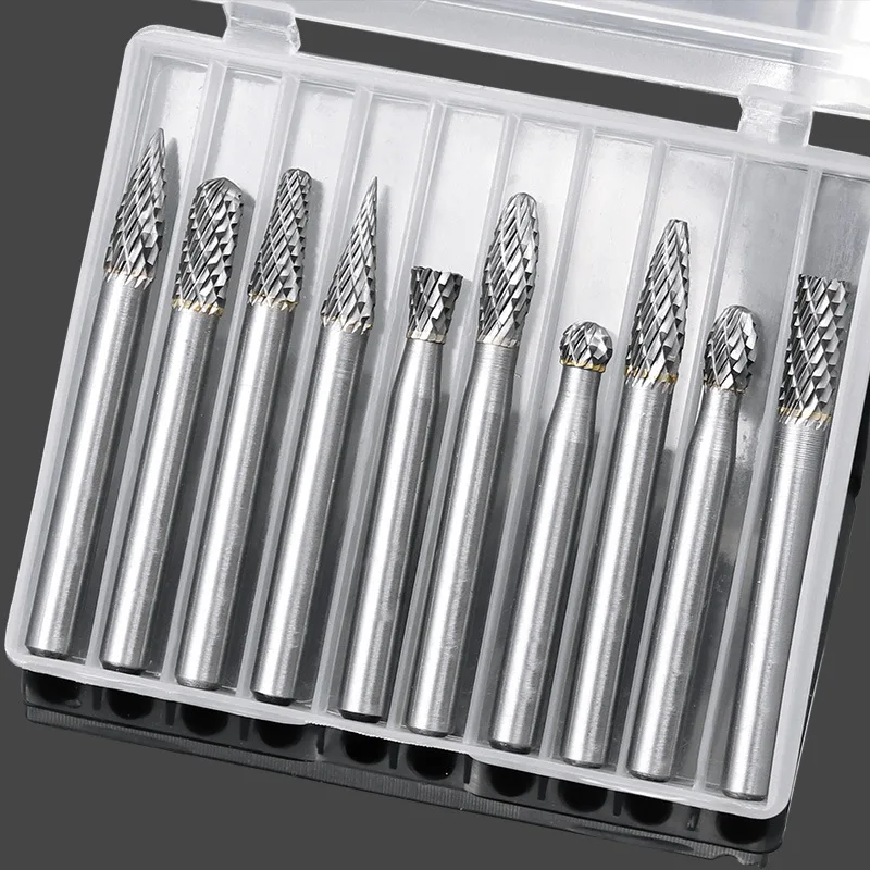 

10pcs Tungsten Carbide Burrs Set 6MM Shank Double Cut Solid Carbide Rotary Burr Set for Die Grinder Drill