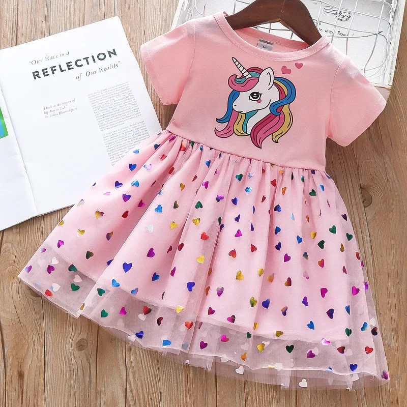 Girls Dress Cotton Cartoon Unicorn Splicing Mesh Party Princess For 2-6 Years Girls Birthday Clothes Summer