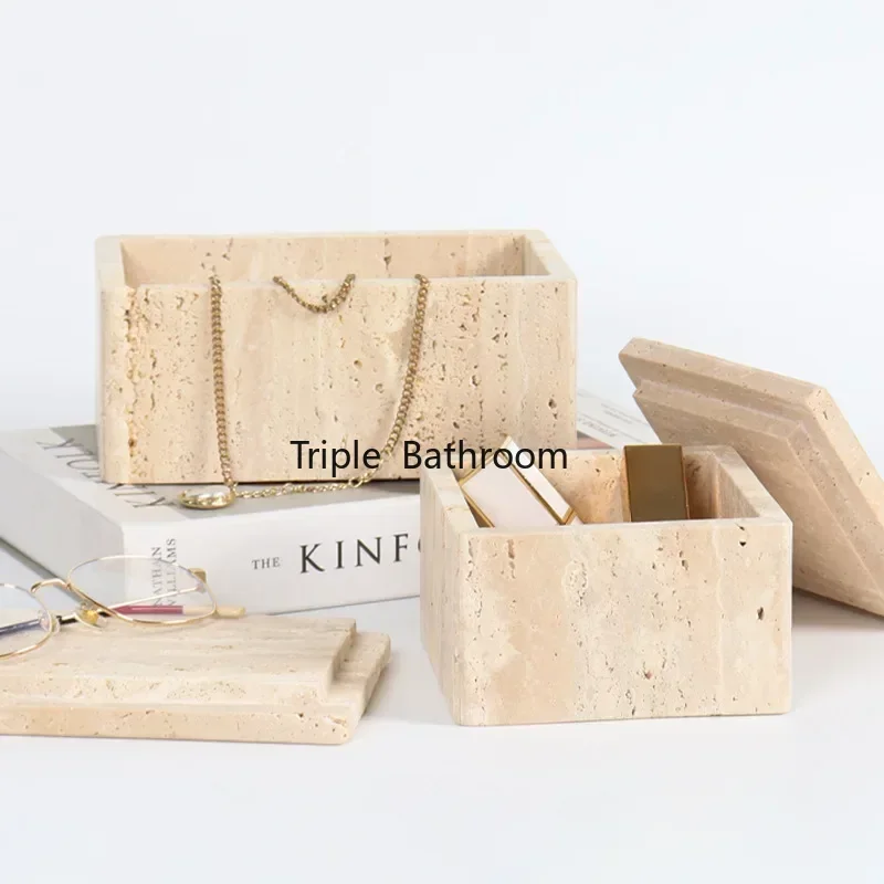 Decorative Travertine Storage Box for Jewelry Natural marble powder Bathroom Vanity Organizer Canister for Cotton Swabs 2
