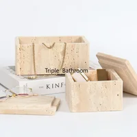 Decorative Travertine Storage Box for Jewelry Natural marble powder Bathroom Vanity Organizer Canister for Cotton Swabs 2