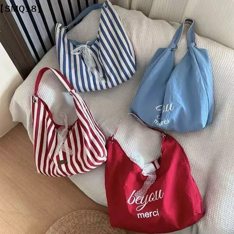 Borsa Hobo a Righe per Donne con Fiocco in Pizzo, Borsa a Tracolla Reversibile in Tela per Shopping Quotidiano【SMQ】 - immagine 3