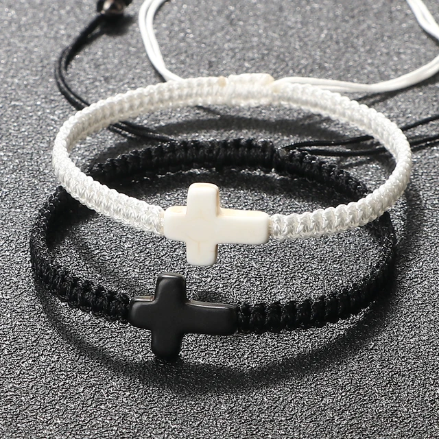 Bracelet en corde tressée fait main, turquoise naturelle, croix de Jésus, bracelet réglable pour homme, femme, couple, bijoux religieux porte-bonheur, cadeau