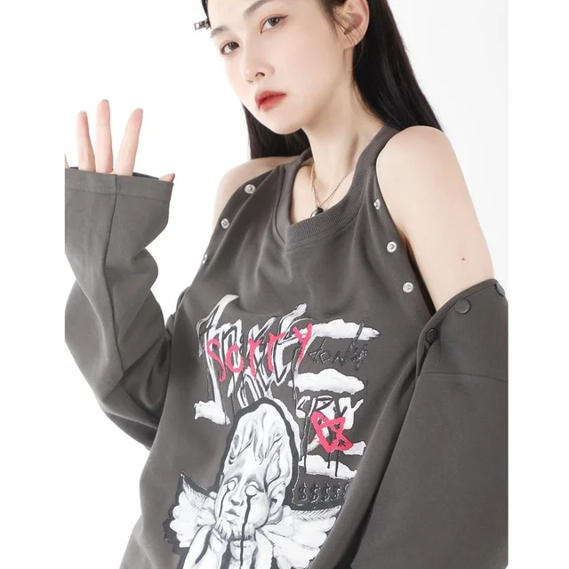 Goth Letter Print Woman Tshirts Harajuku Vintage Graphic Tee Women Sexy Tops DetachableSleeves Summer Plus Size Y2k Tops Clothes 2