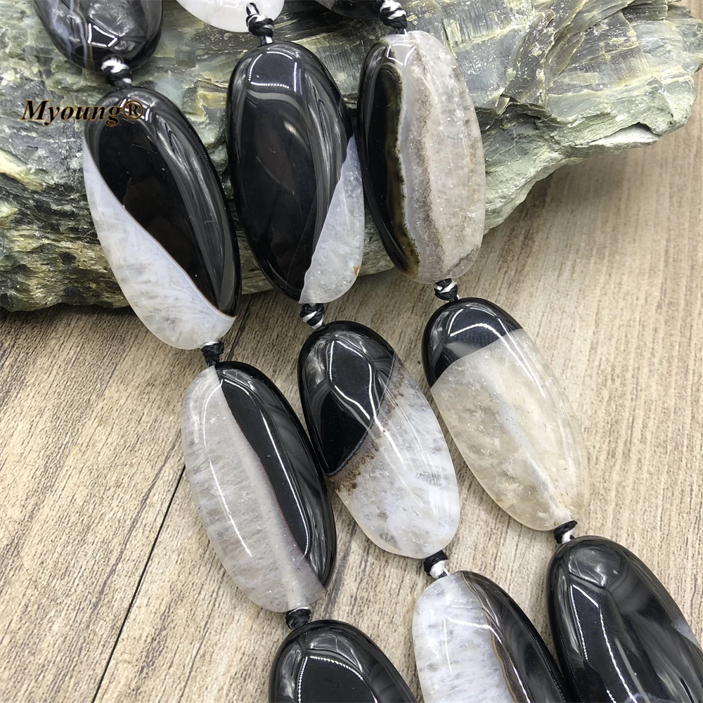 대형 타원형 천연 흑백 마노 쿼츠 슬라이스 펜던트 비즈, DIY 쥬얼리 제작용, 20x40mm, 9 개/몫 MY221202